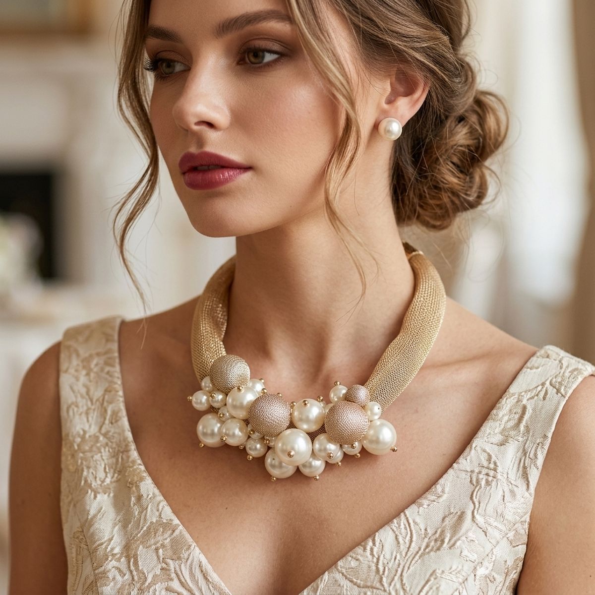 Cream Pearl Cluster Metal Mesh Collar Necklace