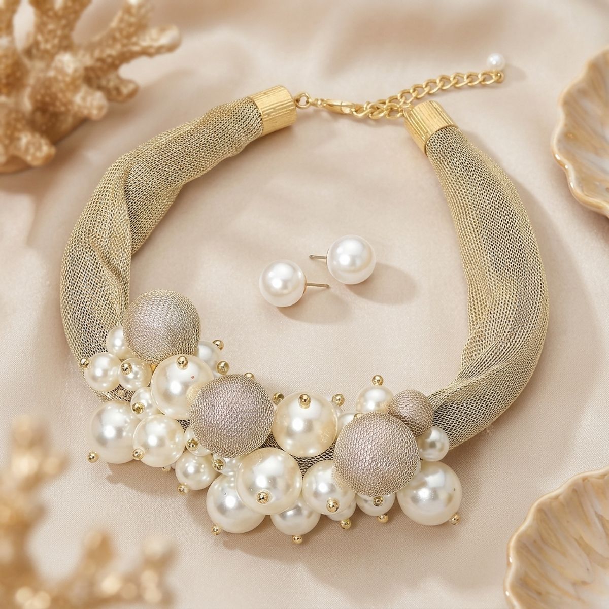 Cream Pearl Cluster Metal Mesh Collar Necklace