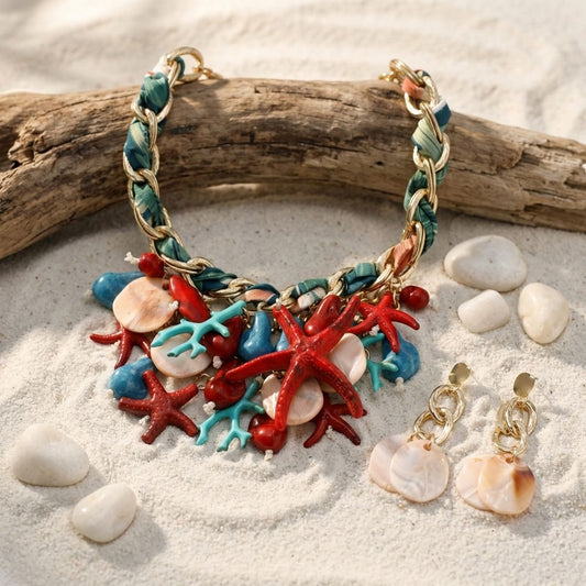 Red Coral and Starfish Bib Seaside Gold Necklace