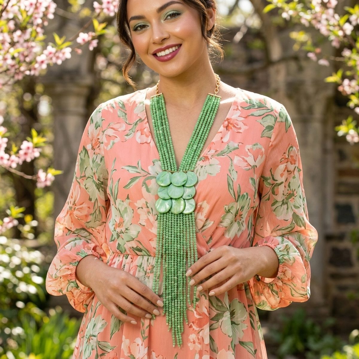 Marbled Green Bead Multi Strand Tassel Necklace
