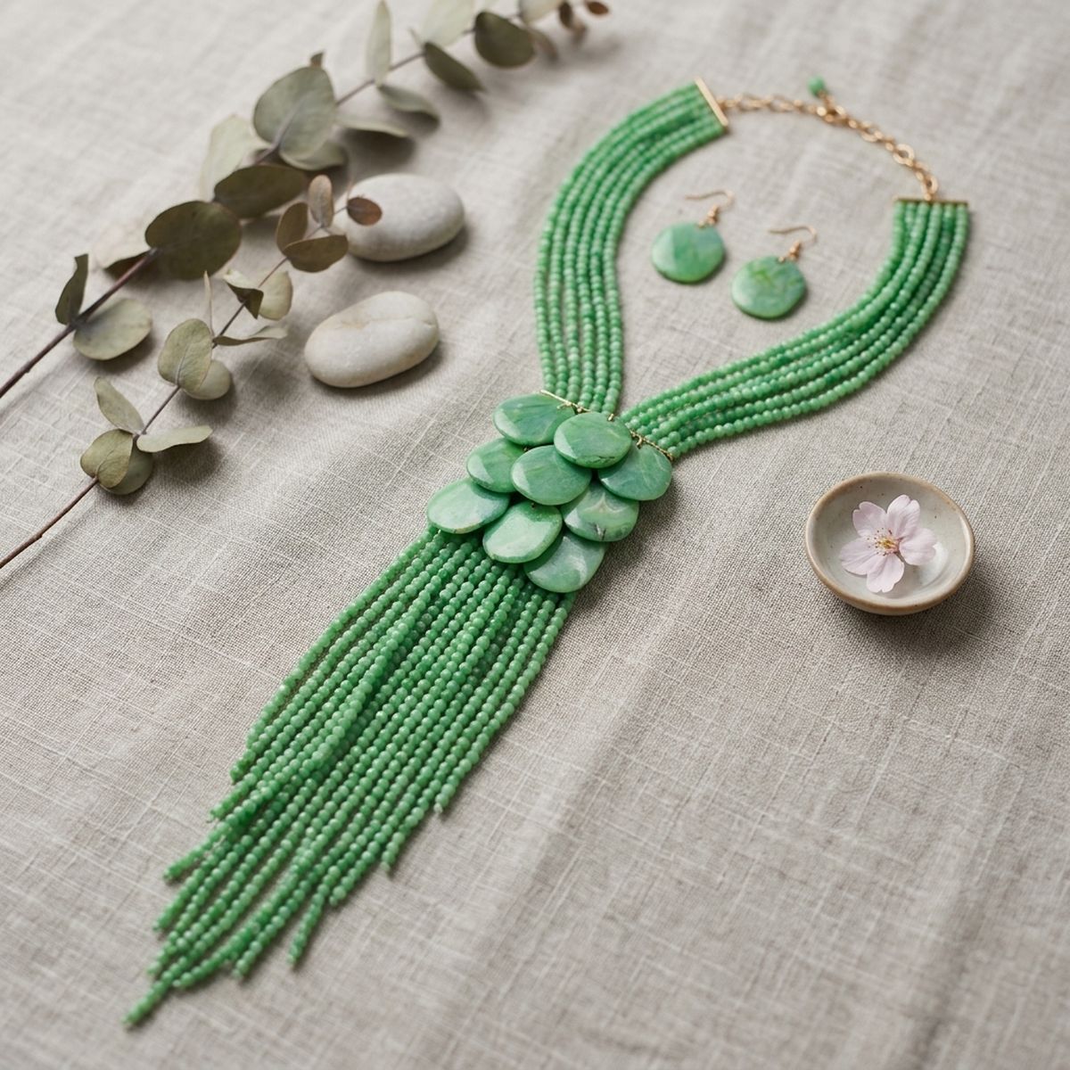 Marbled Green Bead Multi Strand Tassel Necklace
