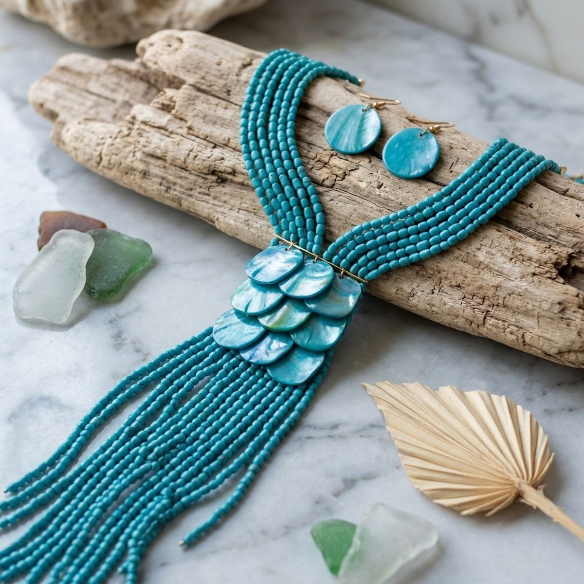Marbled Green Bead Multi Strand Tassel Necklace