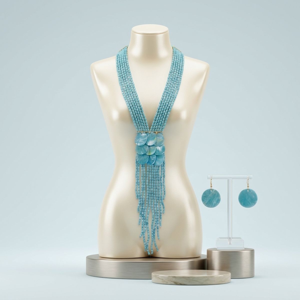 Marble Turquoise Bead Multi Strand Tassel Necklace