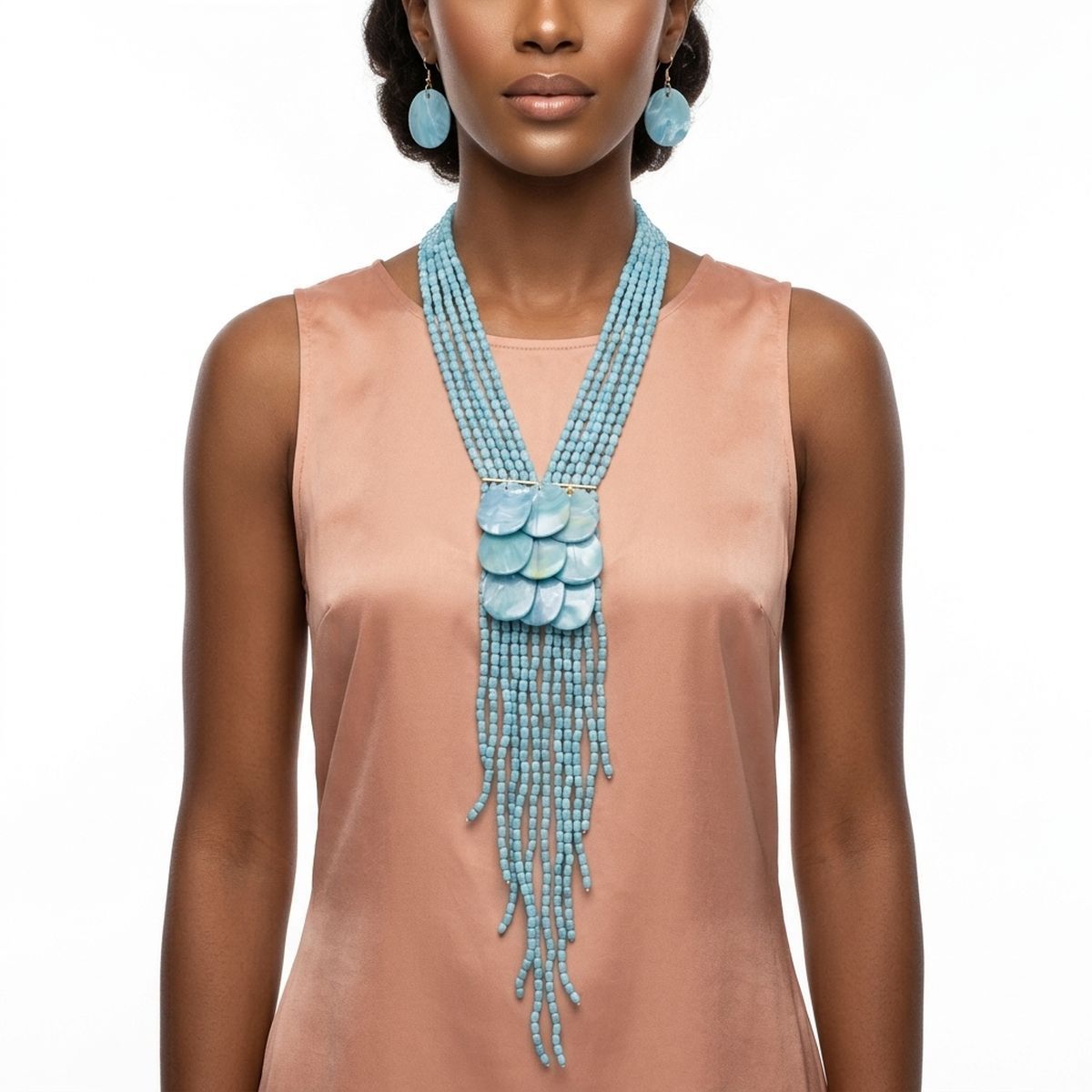 Marble Turquoise Bead Multi Strand Tassel Necklace