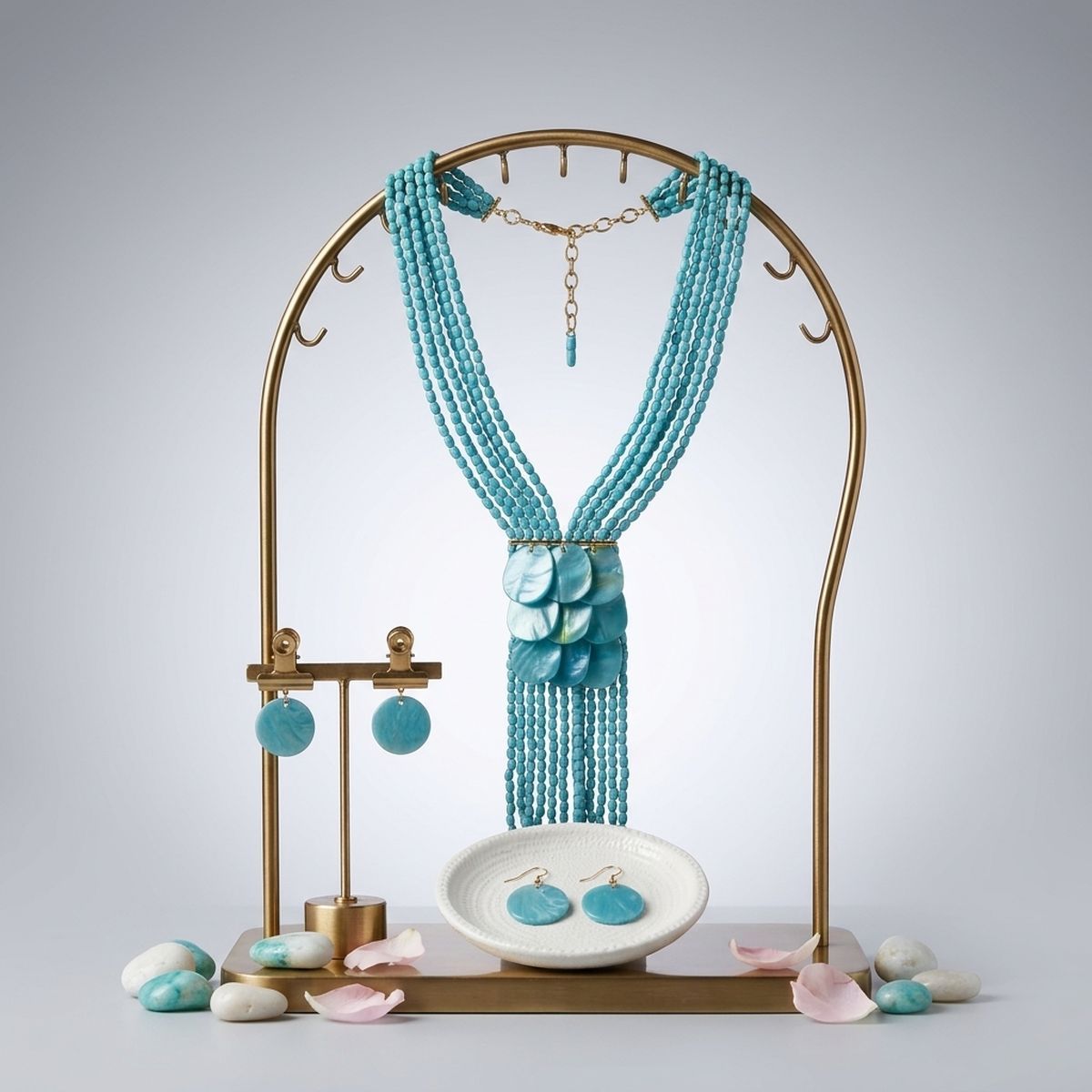 Marble Turquoise Bead Multi Strand Tassel Necklace