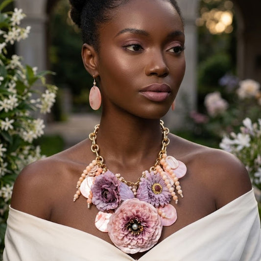 Chunky Faux Lavender Flower Butterfly Bib Necklace