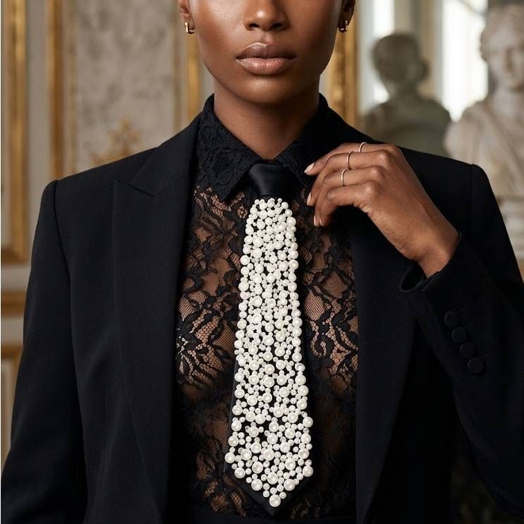 Allover White Pearl Studded Black Necktie Necklace