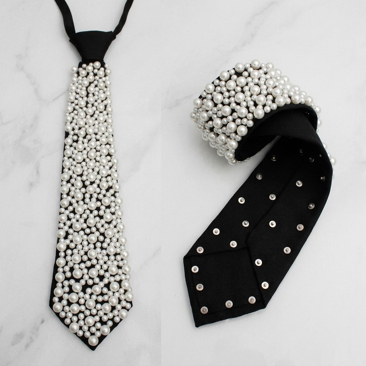 Allover White Pearl Studded Black Necktie Necklace