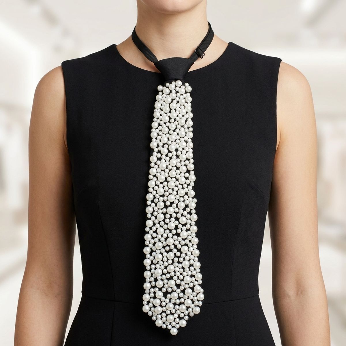 Allover White Pearl Studded Black Necktie Necklace
