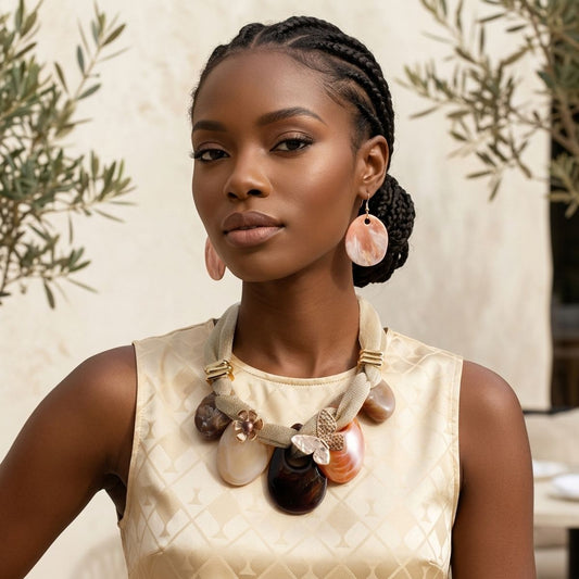 Gold Mesh Marble Brown Teardrop Butterfly Necklace