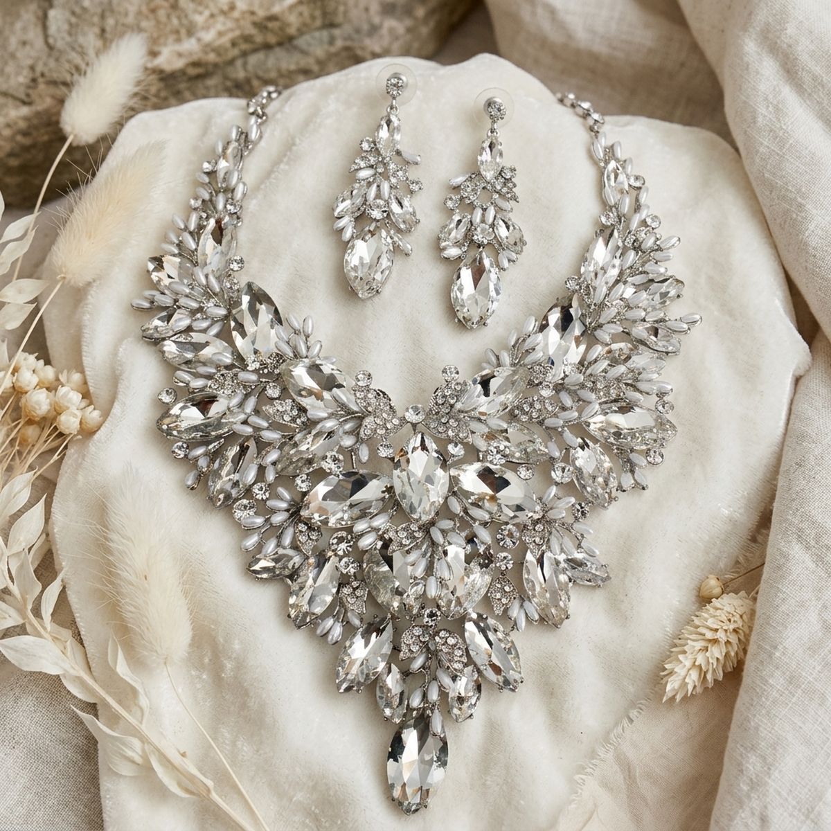 Silver Glass Crystal Floral Large Bib Necklace Set