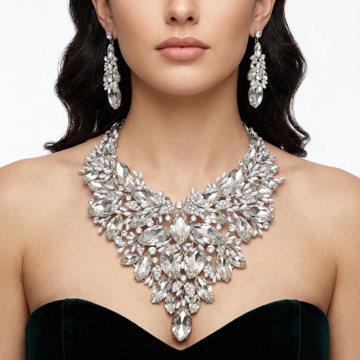 Silver Glass Crystal Floral Large Bib Necklace Set