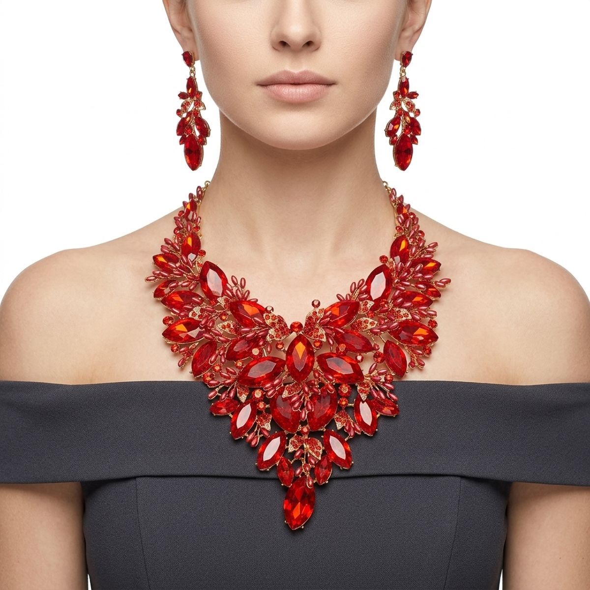 Red Glass Crystal Floral Large Bib Necklace Set