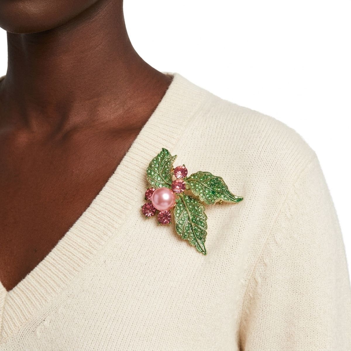 AKA Pink Pearl Green Leaf Rhinestone Brooch Pin