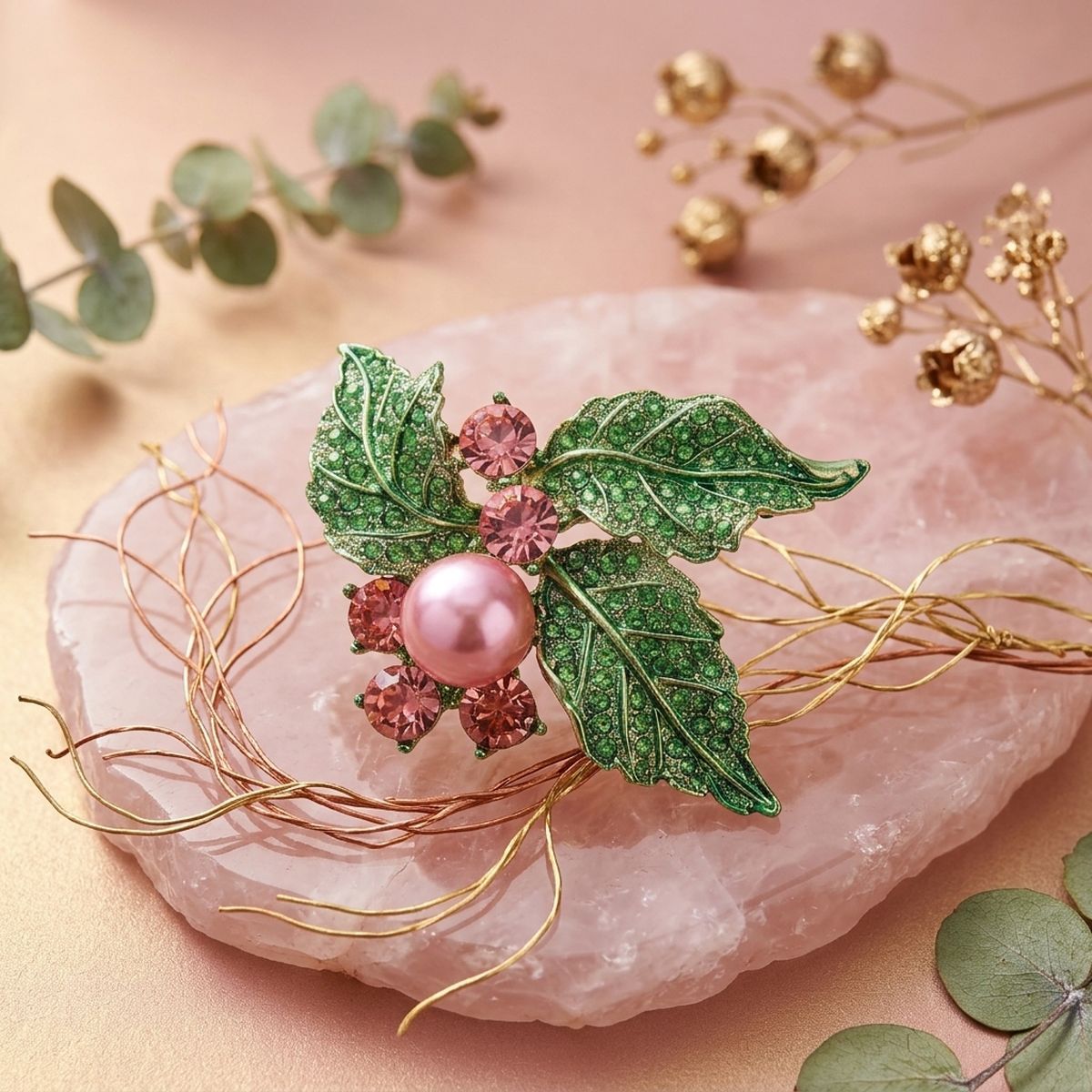 AKA Pink Pearl Green Leaf Rhinestone Brooch Pin