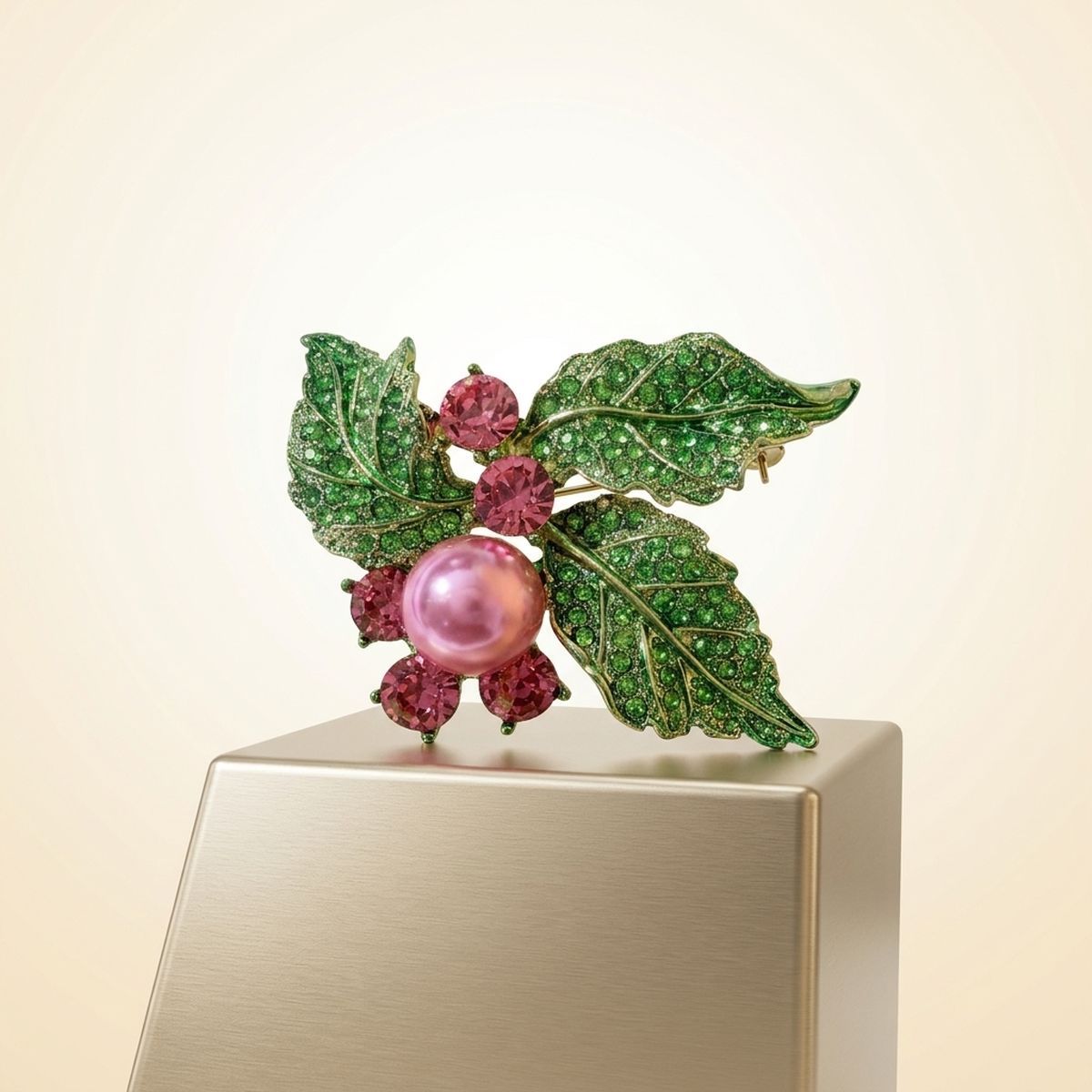 AKA Pink Pearl Green Leaf Rhinestone Brooch Pin