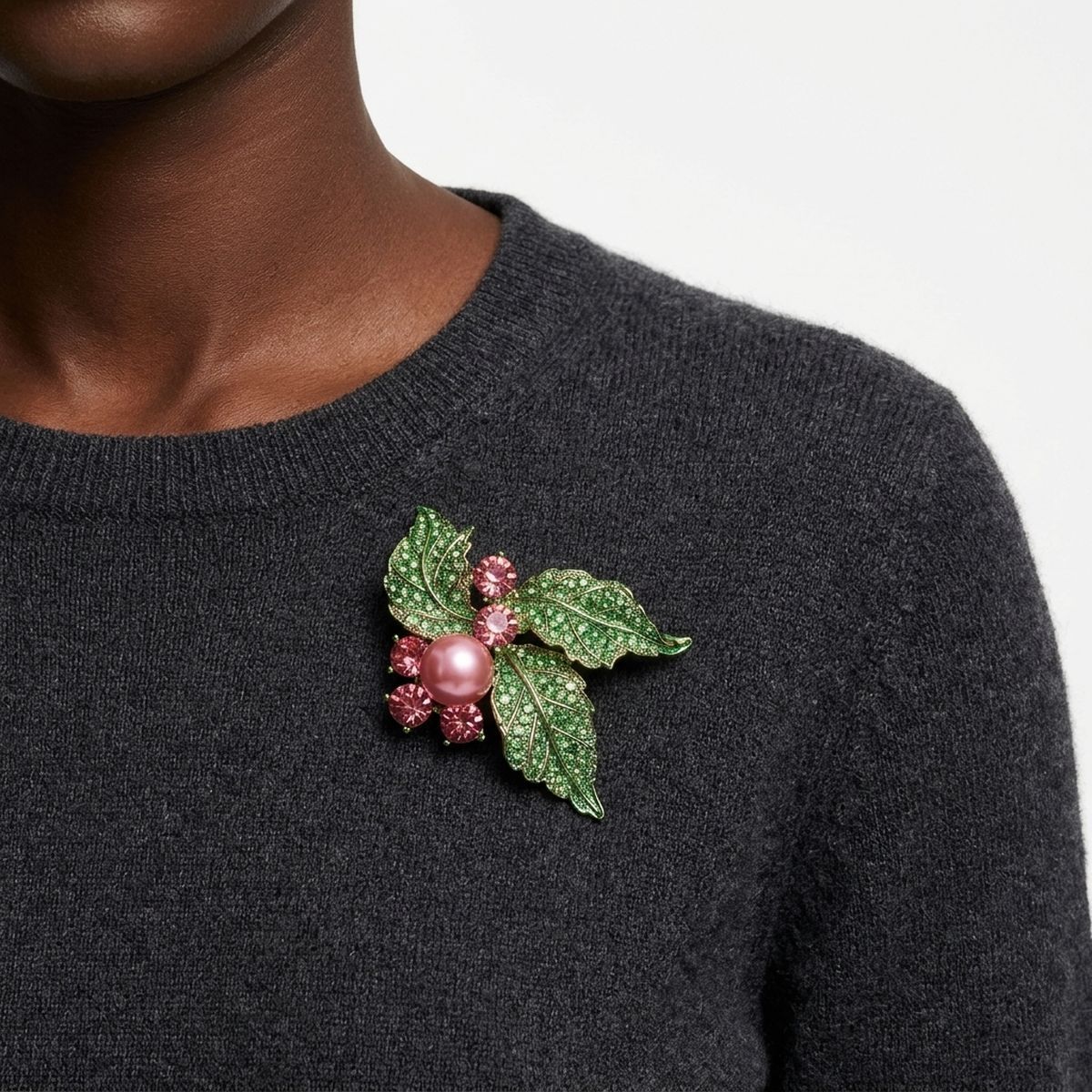 AKA Pink Pearl Green Leaf Rhinestone Brooch Pin