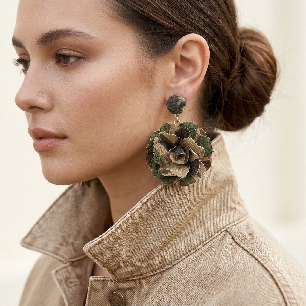Drop Camouflage Dimensional Flower Earrings