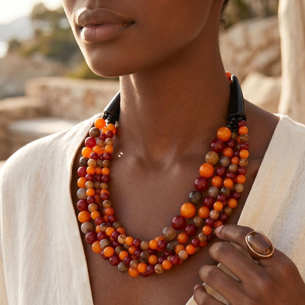 Earthy Bead Buffalo Horn Hook Necklace