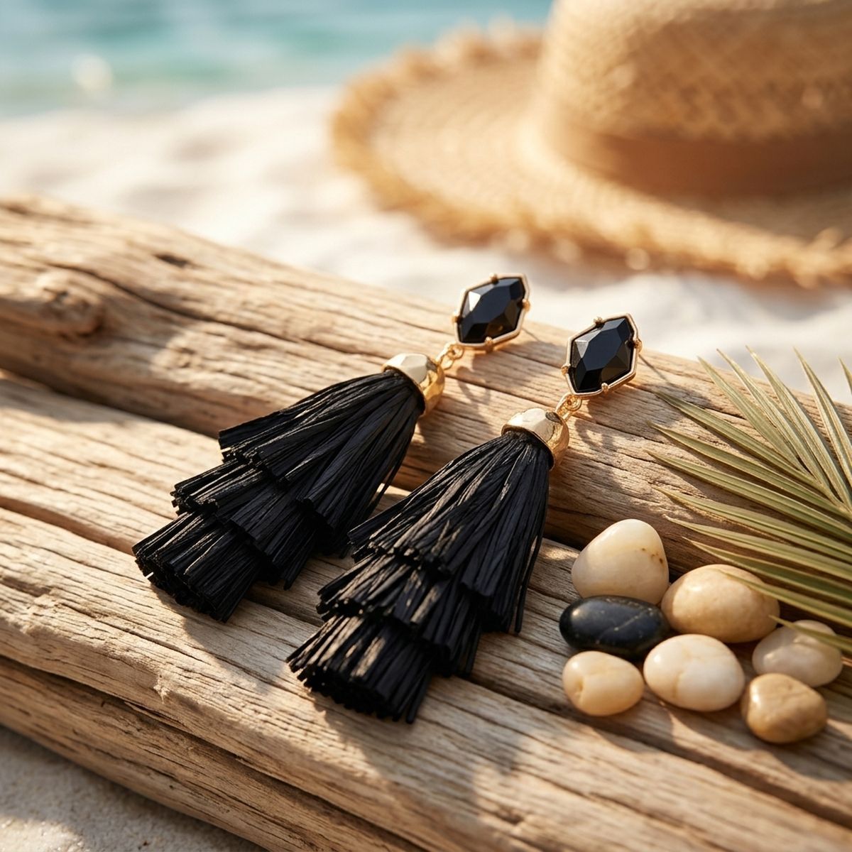 Black Raffia Stacked Tassel Earrings