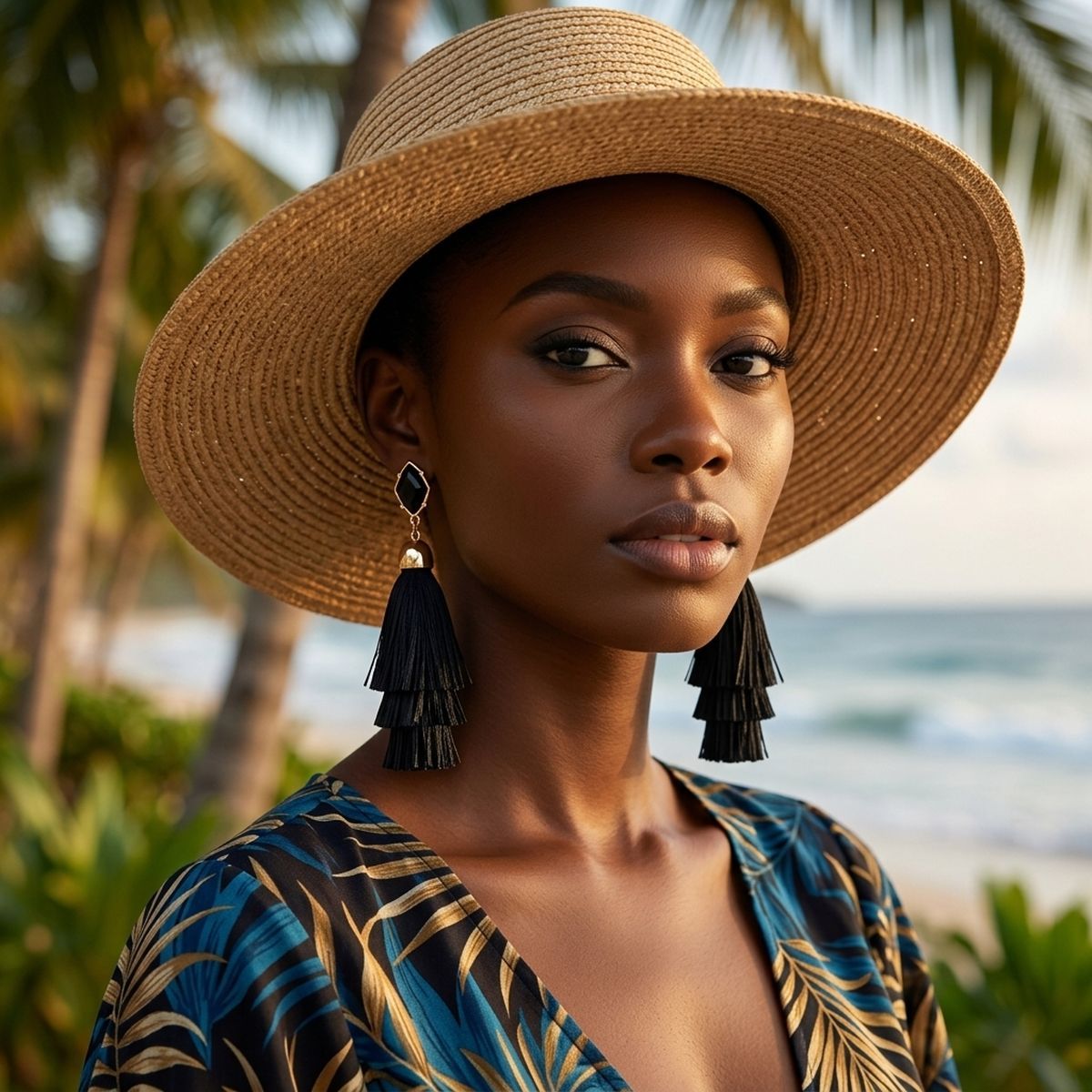 Black Raffia Stacked Tassel Earrings