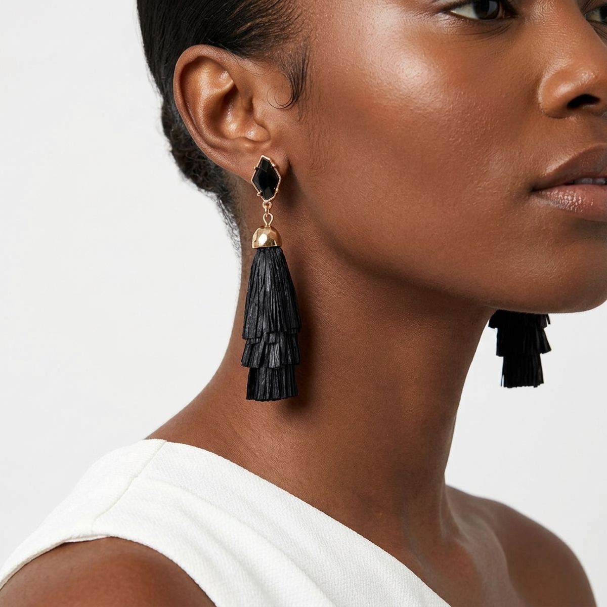 Black Raffia Stacked Tassel Earrings