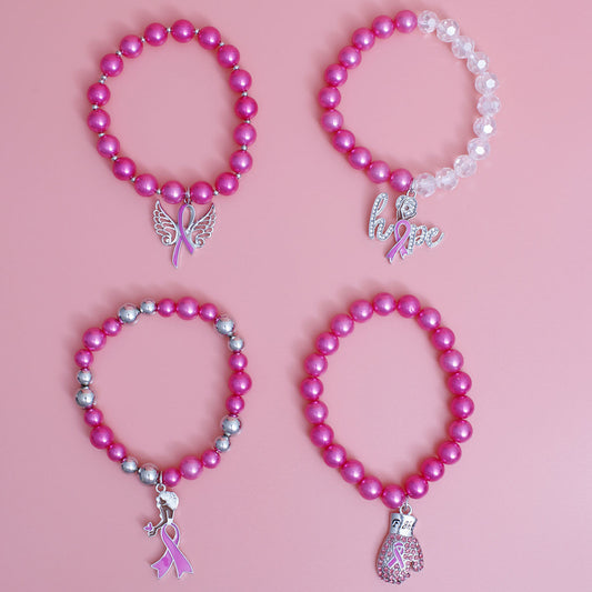 Breast Cancer Pink Pearl Fight 4 Pc Bracelets
