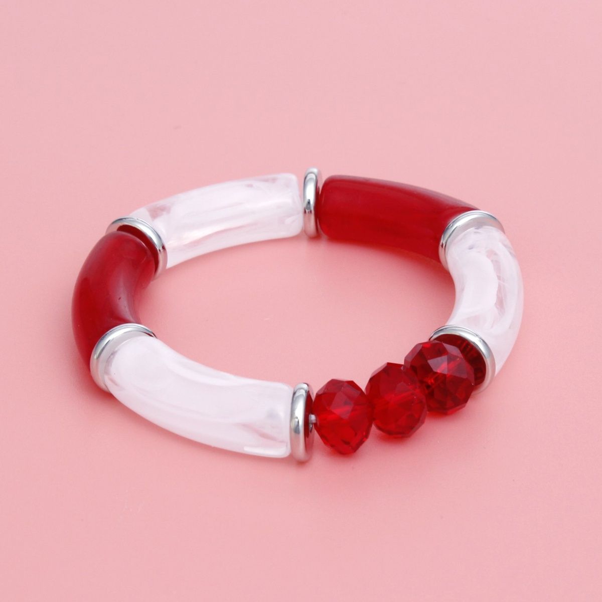 DST Red White Tubular and Glass Bead Bracelet