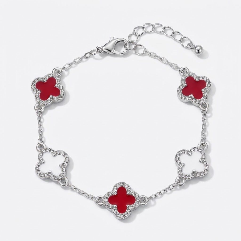 DST Red and White Quatrefoil Clover Bracelet