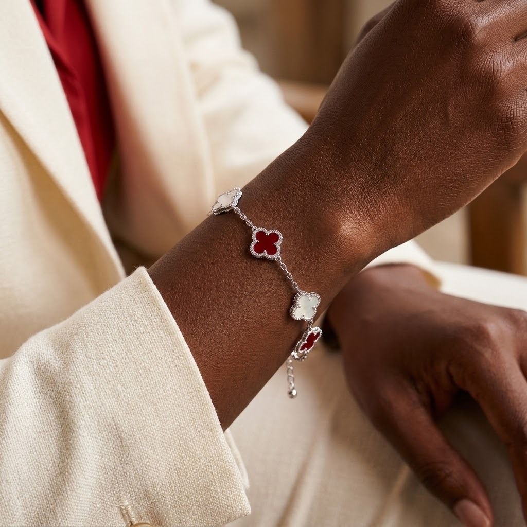 DST Red and White Quatrefoil Clover Bracelet