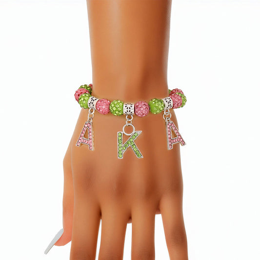 AKA Sorority Pink Green Bling Letter Bracelet - Premium AKA Sorority Paraphernalia from Pinktown - Just $12! Shop now at chiquestyles