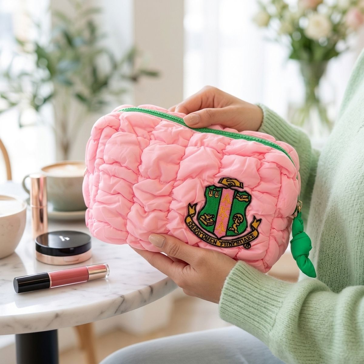 AKA Candy Pink Crest Mini Quilted Puffy Pouch