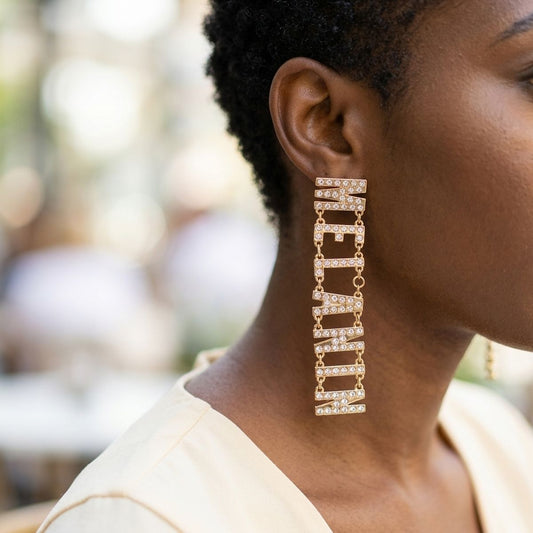 Gold Clear Rhinestone MELANIN Link Dangle Earrings
