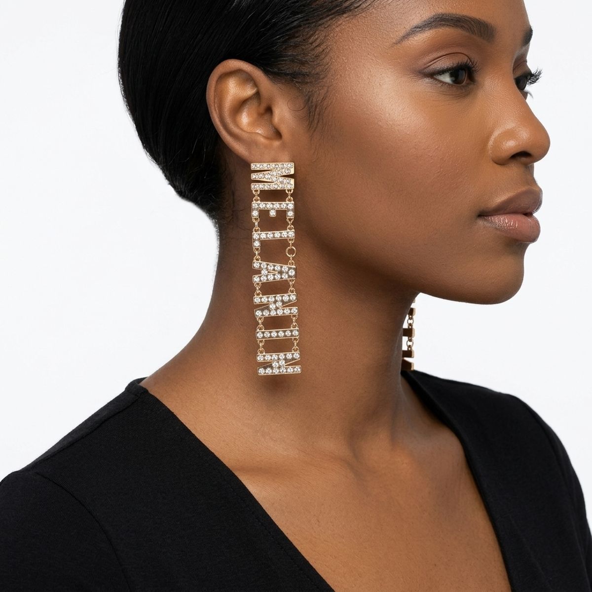 Gold Clear Rhinestone MELANIN Link Dangle Earrings
