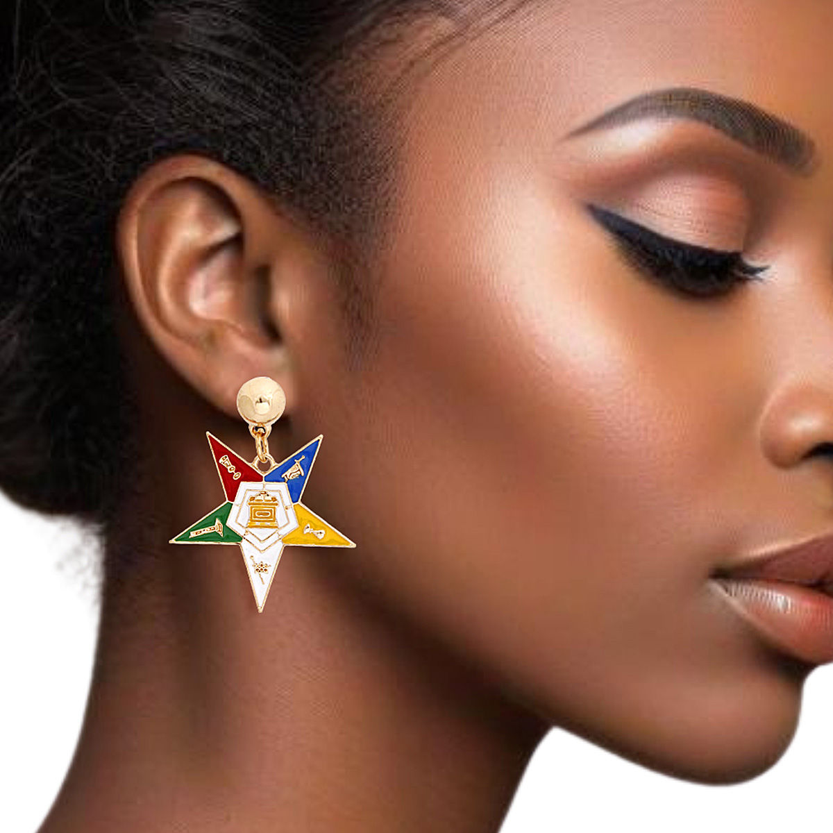 OES Sorority White Star Shield Drop Gold Earrings - Premium Wholesale Jewelry from Pinktown - Just $10! Shop now at chiquestyles