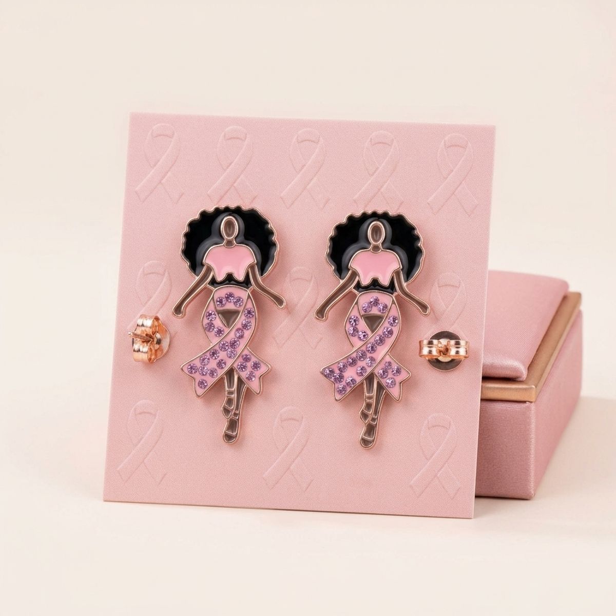 Gold Light Pink Afro Woman Breast Cancer Studs