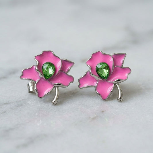 Alpha Kappa Alpha Pink Enamel Flower Stud Earrings