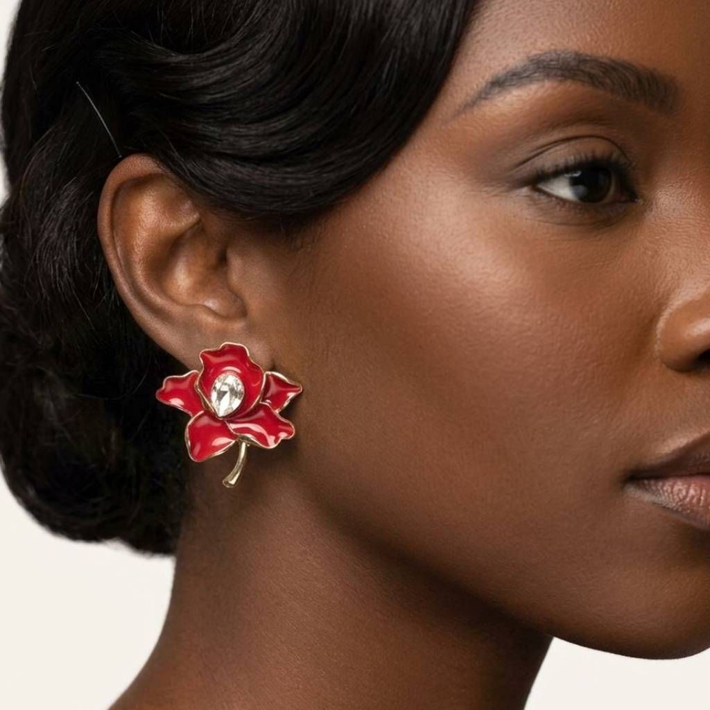 Delta Sigma Theta Red Enamel Flower Stud Earrings