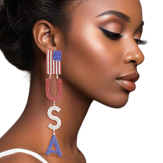 Dangle Earrings USA American Flag Long Bling - Premium Wholesale Jewelry from Pinktown - Just $23! Shop now at chiquestyles