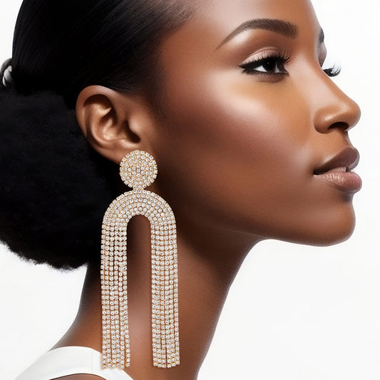 Fringe Gold Pave Long Arched Earrings for Women - Premium Wholesale Jewelry from Pinktown - Just $16! Shop now at chiquestyles