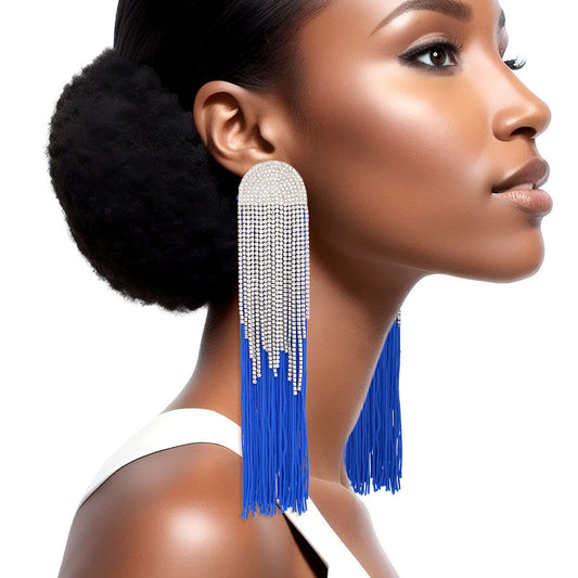 Tassel Royal Blue Long Fringe Glam Earrings Women - Premium Wholesale Jewelry from Pinktown - Just $19! Shop now at chiquestyles
