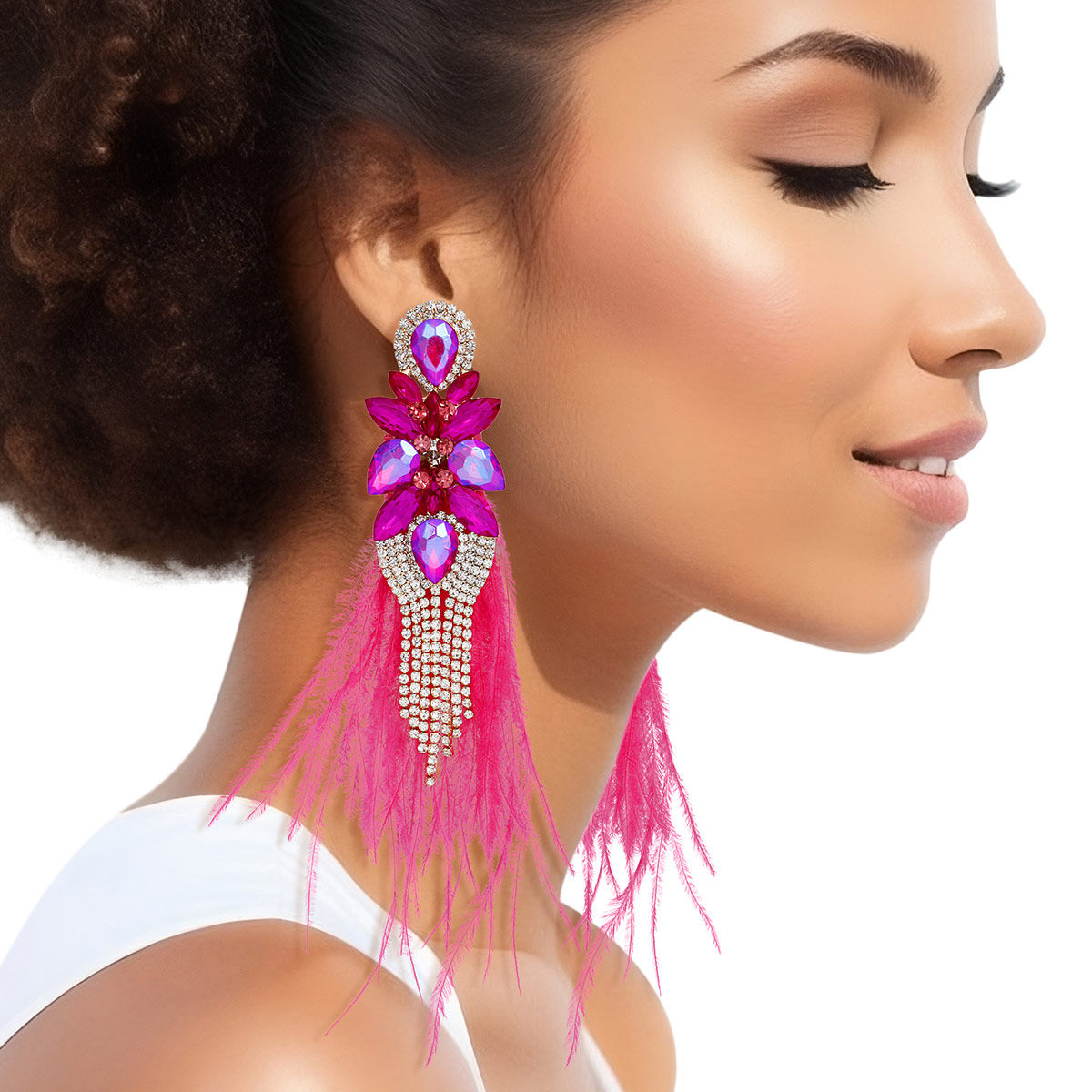 Tassel Fuchsia Feather Glass Earrings for Women - Premium Wholesale Jewelry from Pinktown - Just $22! Shop now at chiquestyles
