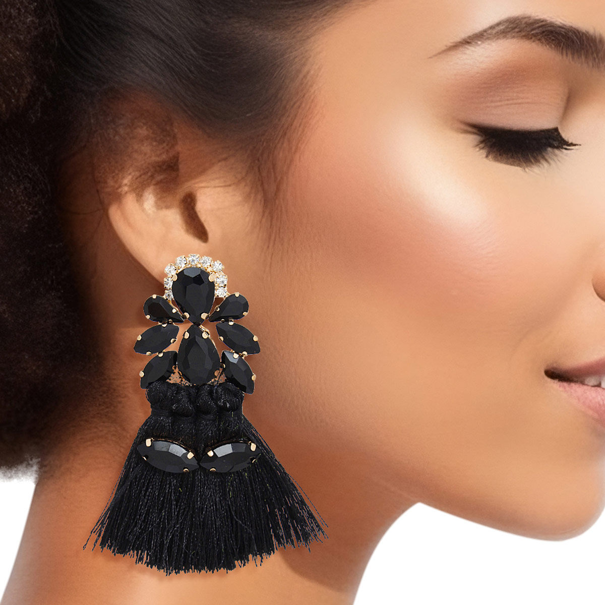 Tassel Black Crystal Medium Earrings for Women - Premium Wholesale Jewelry from Pinktown - Just $15! Shop now at chiquestyles