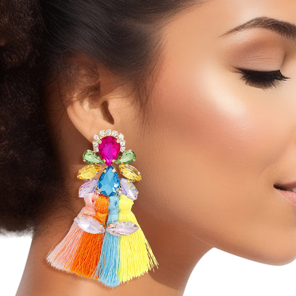 Tassel Multicolor Crystal Med Earrings for Women - Premium Wholesale Jewelry from Pinktown - Just $15! Shop now at chiquestyles