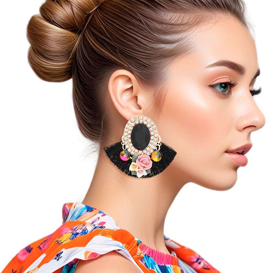 Studs Black Crystal Fan Tassel Floral Earrings - Premium Wholesale Jewelry from Pinktown - Just $14! Shop now at chiquestyles