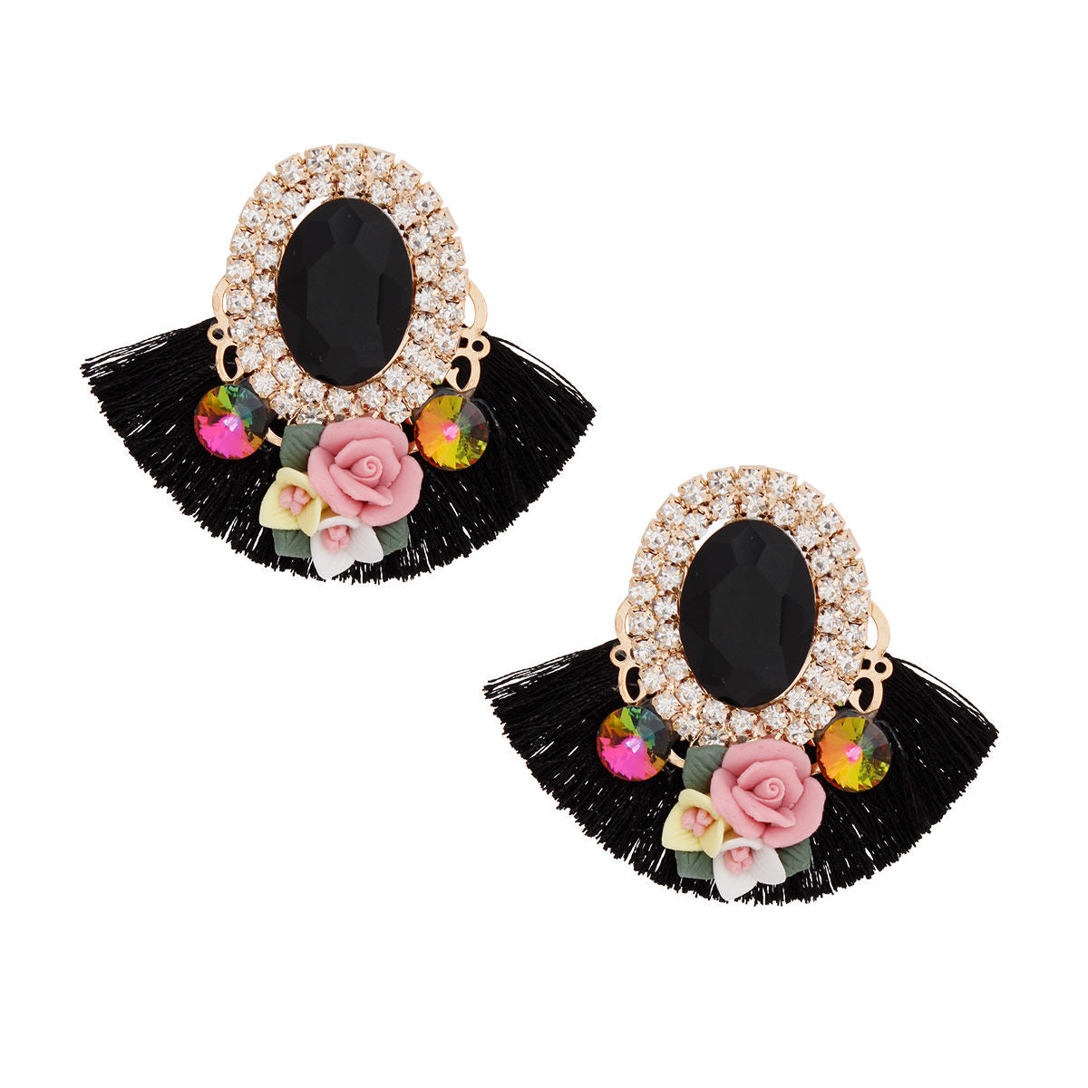 Studs Black Crystal Fan Tassel Floral Earrings - Premium Wholesale Jewelry from Pinktown - Just $14! Shop now at chiquestyles