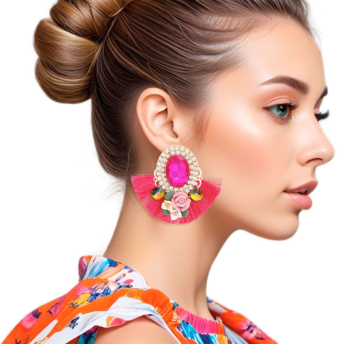 Studs Fuchsia Crystal Fan Tassel Floral Earrings - Premium Wholesale Jewelry from Pinktown - Just $14! Shop now at chiquestyles