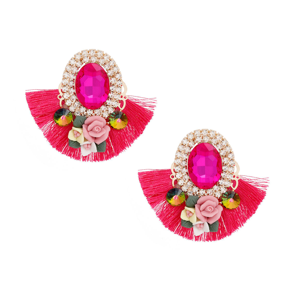 Studs Fuchsia Crystal Fan Tassel Floral Earrings - Premium Wholesale Jewelry from Pinktown - Just $14! Shop now at chiquestyles