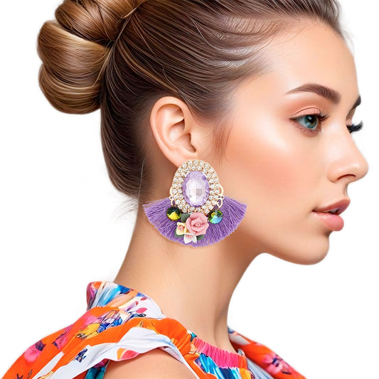Studs Lavender Crystal Fan Tassel Floral Earrings - Premium Wholesale Jewelry from Pinktown - Just $14! Shop now at chiquestyles