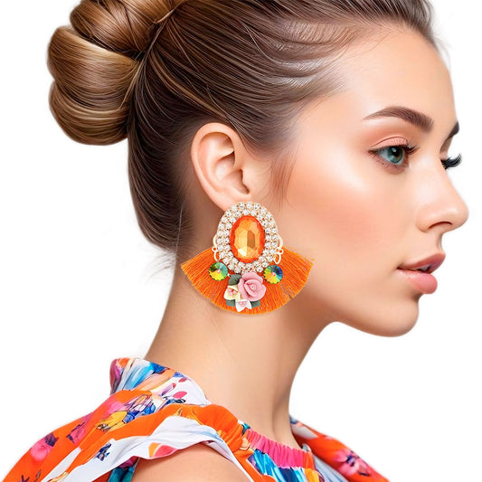 Studs Orange Crystal Fan Tassel Floral Earrings - Premium Wholesale Jewelry from Pinktown - Just $14! Shop now at chiquestyles